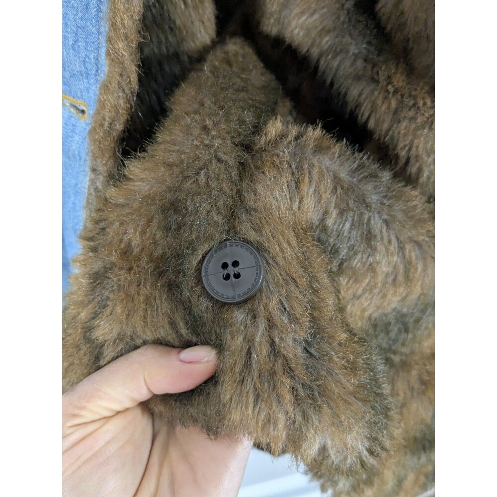 Vintage Y2K Penny Lane Faux Fur Trim Denim Long Coat Large Grunge Mob Wife Sz 1X - Picture 10 of 11